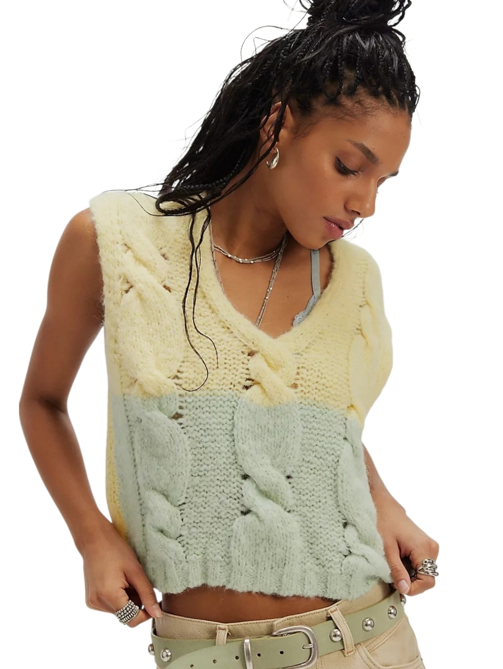 Free People Perfect Match SoftSpun Alpaca Cable Knit Vest Lemon Sorbet XS NWT